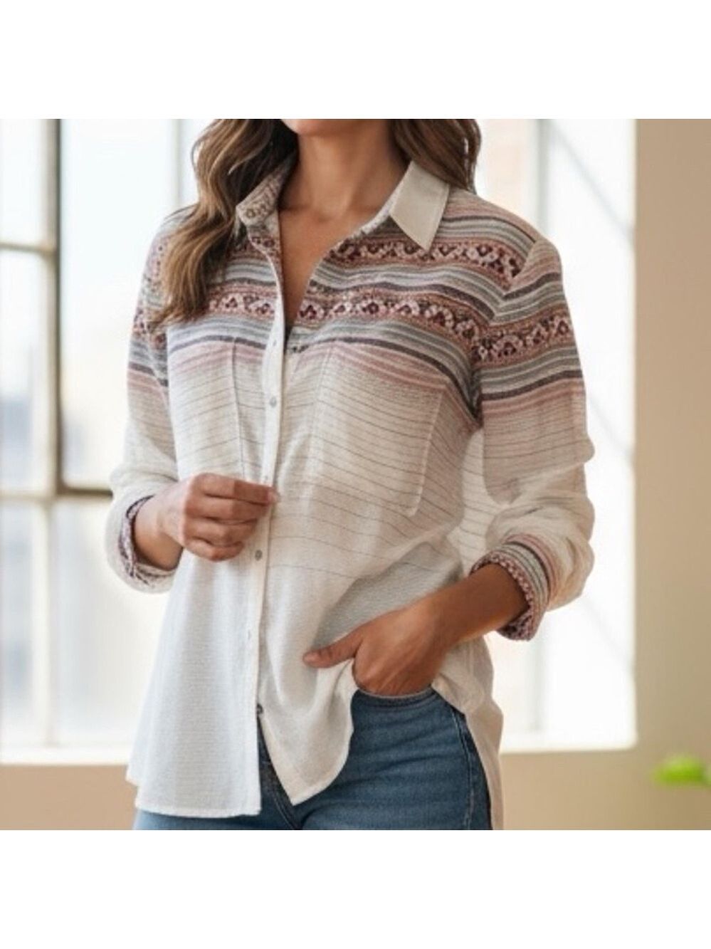 Maeve Anthropologie Stripe Button Front Blouse Size 4 Ivory